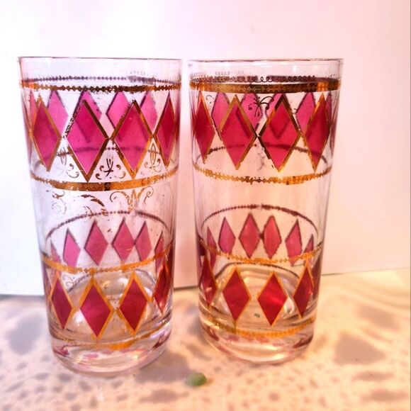 Vintage MCM Culver Glass Set of 2 Rare Pink Diamonds & Gold Highball Glasses 8oz - Picture 1 of 7